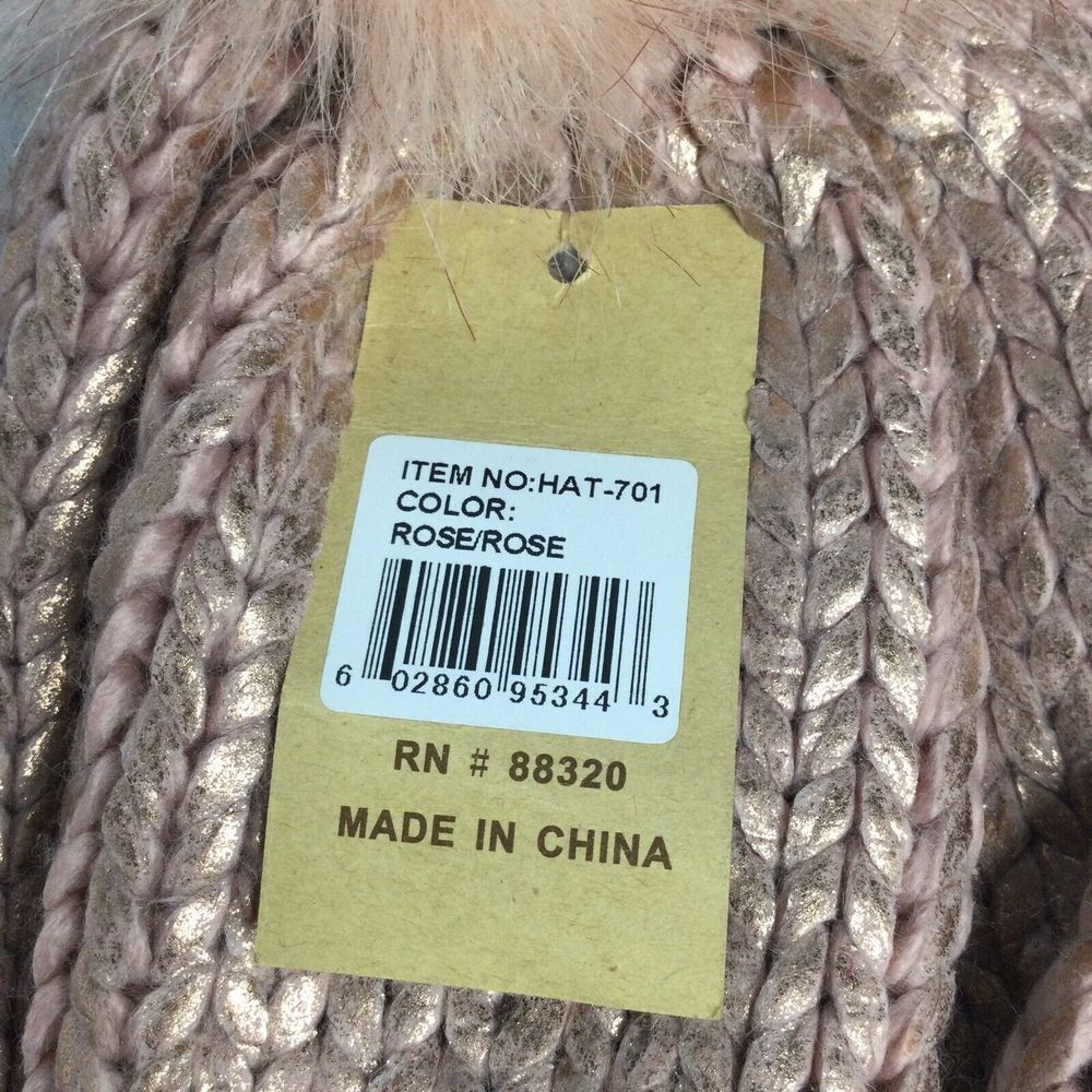 C.C Women's Faux Fur Pom Rose Shiny Metallic Finished Knit Beanie‎ Hat - Picture 5 of 5
